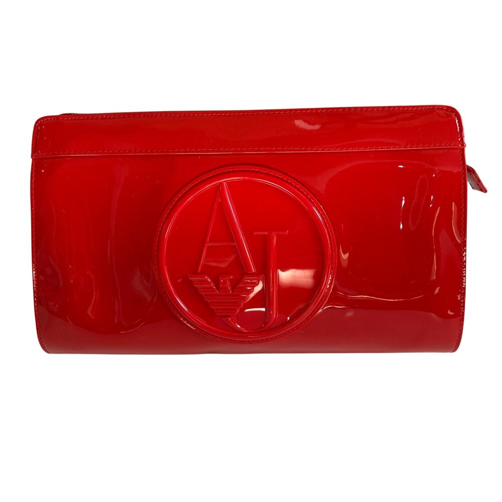 Armani Jeans Patent Leather Red Clutch Purse Bag Pocketbook EUC Zip Top STUNNING
